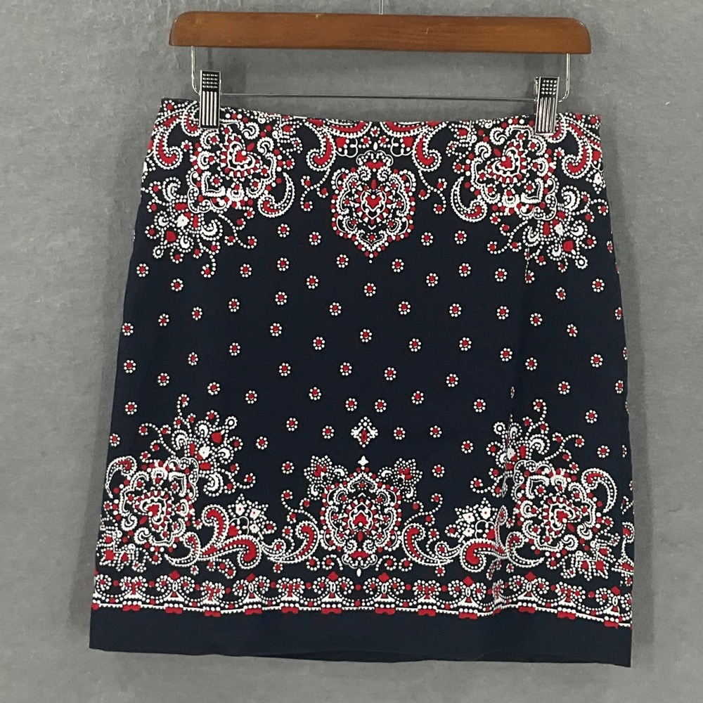 Talbots Petites Skirt 6P Navy Red White Paisley Print Cotton Blend Office‎